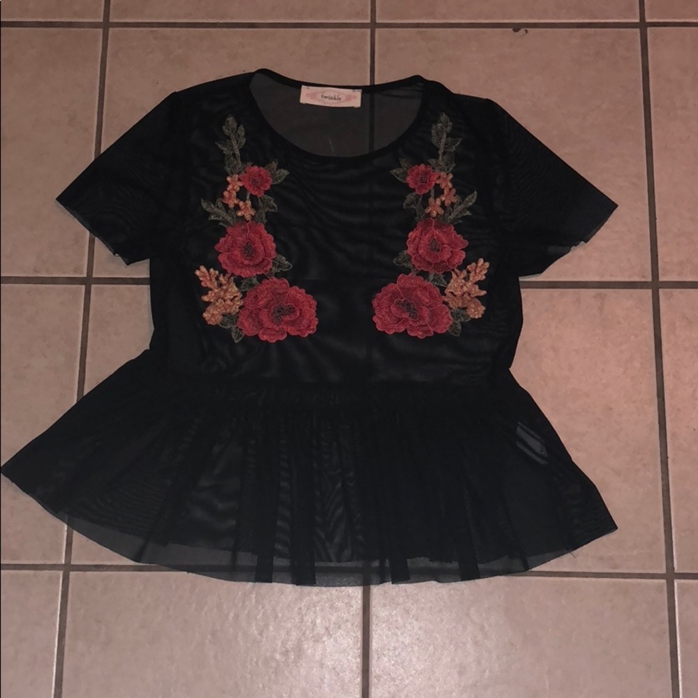 Mesh top with flower embroidery